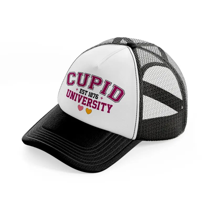 cupid university est 1876 black and white trucker hat