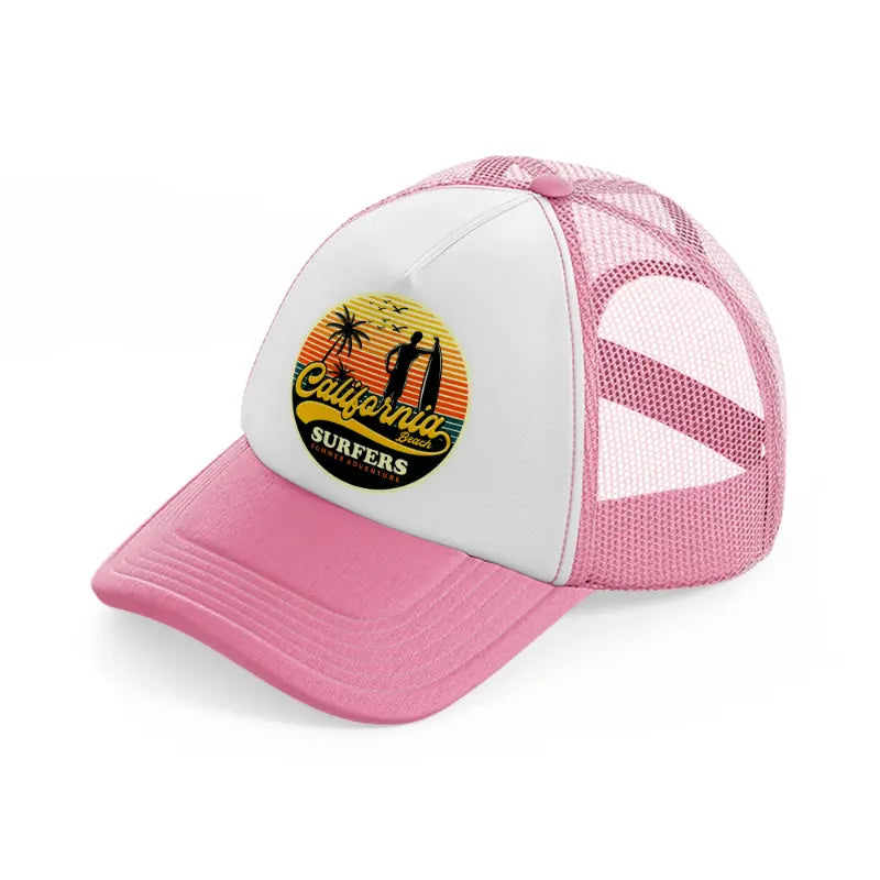 california beach surfers summer adventure pink and white trucker hat