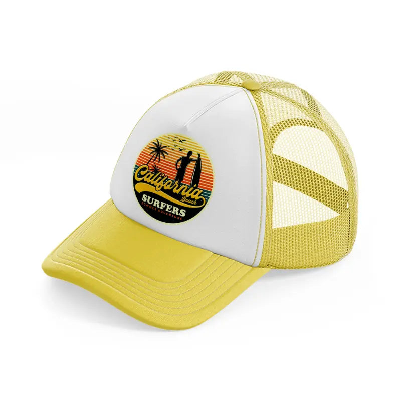 california beach surfers summer adventure yellow trucker hat