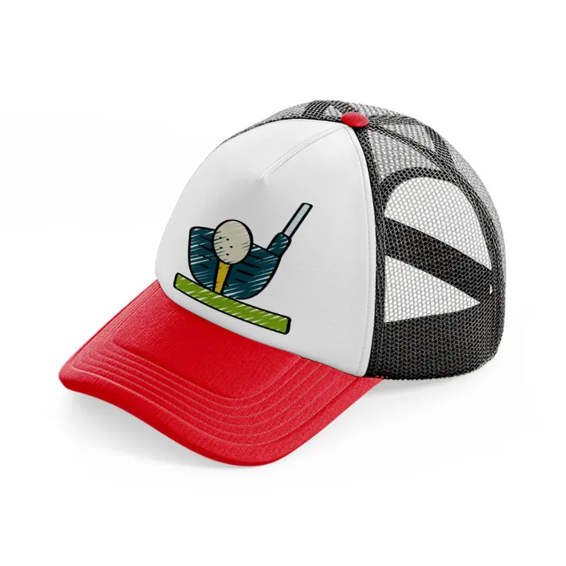 golf ball stick red and black trucker hat