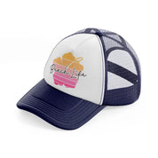 beach life hibiscus flower navy blue and white trucker hat