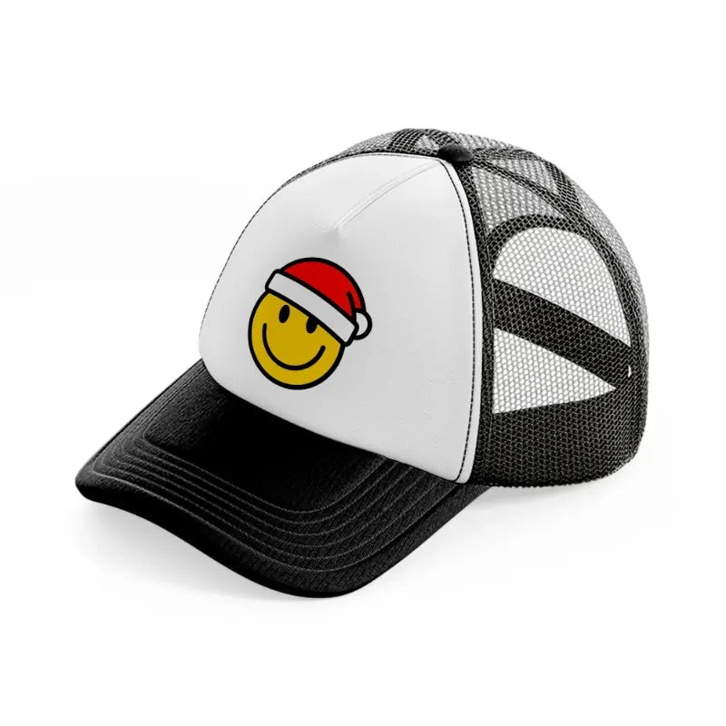 happy face with santa hat black and white trucker hat