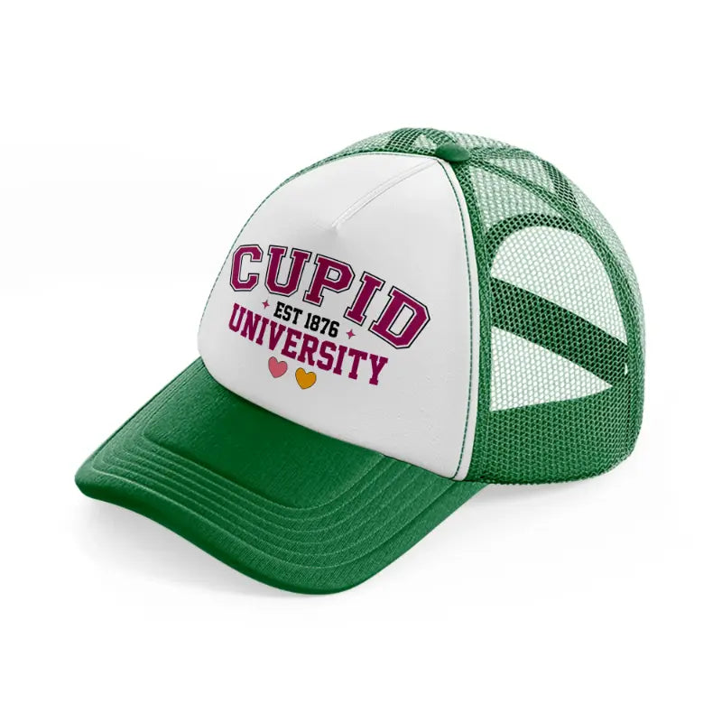 cupid university est 1876 green and white trucker hat