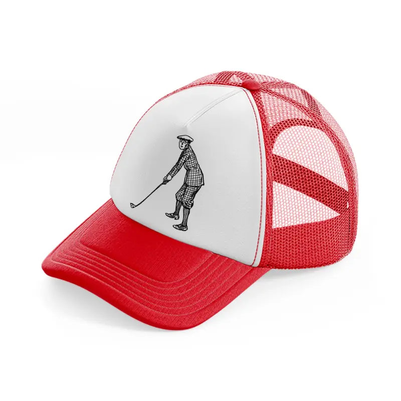 confused golfer red and white trucker hat