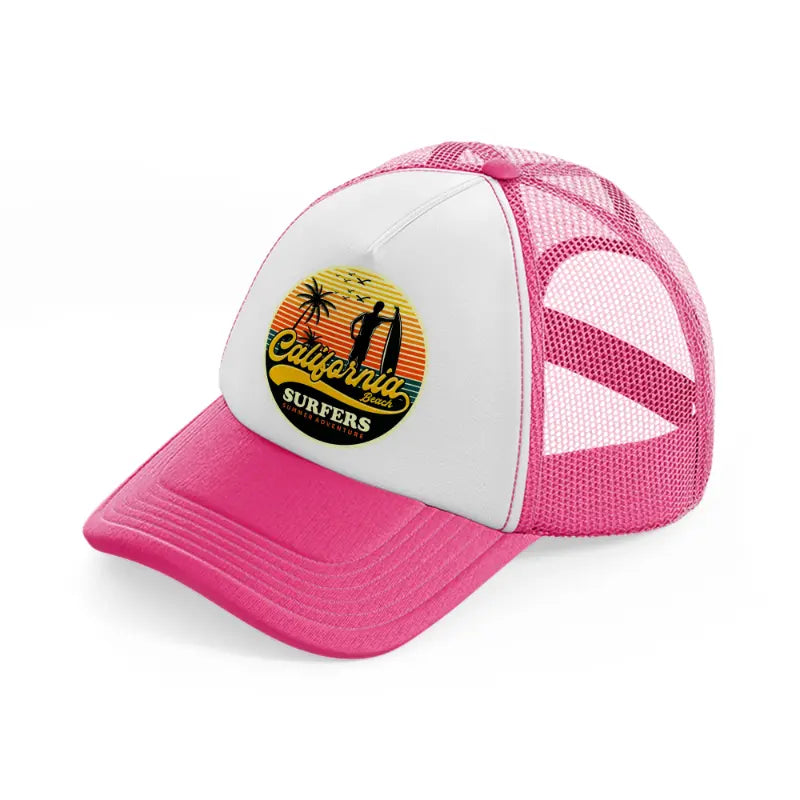 california beach surfers summer adventure neon pink trucker hat