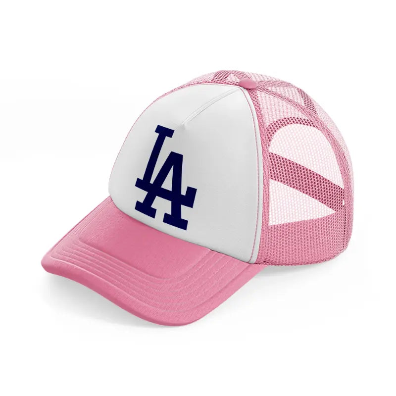 la emblem pink and white trucker hat