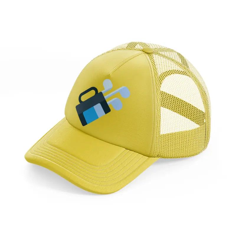 golf bag blue gold trucker hat