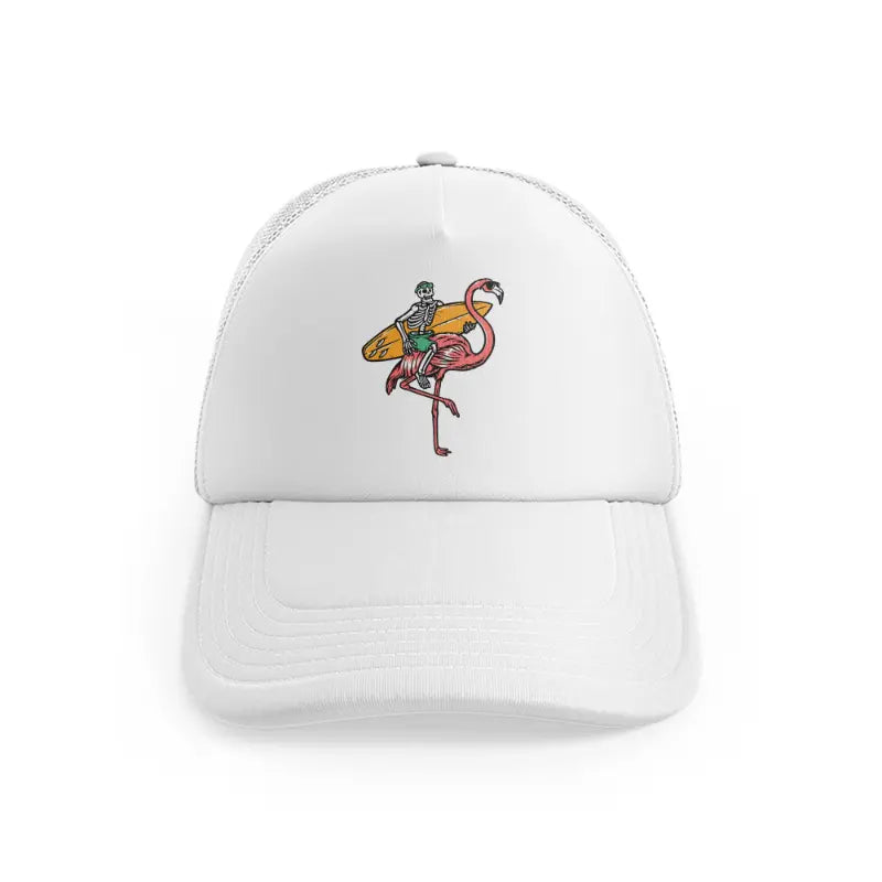 Skeleton And Flamingo Get Ready To Surfwhitefront view