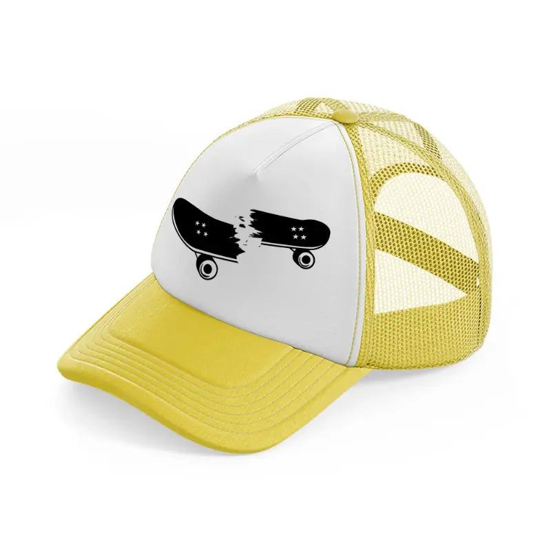 broken skateboard yellow trucker hat