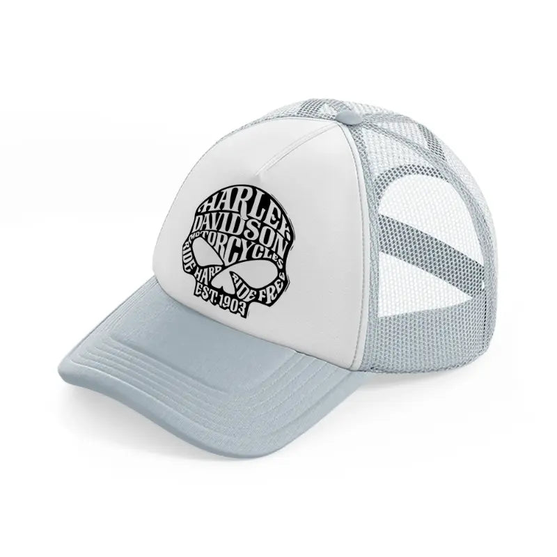 harley davidson motorcycles ride hard ride free est. 1903 grey trucker hat