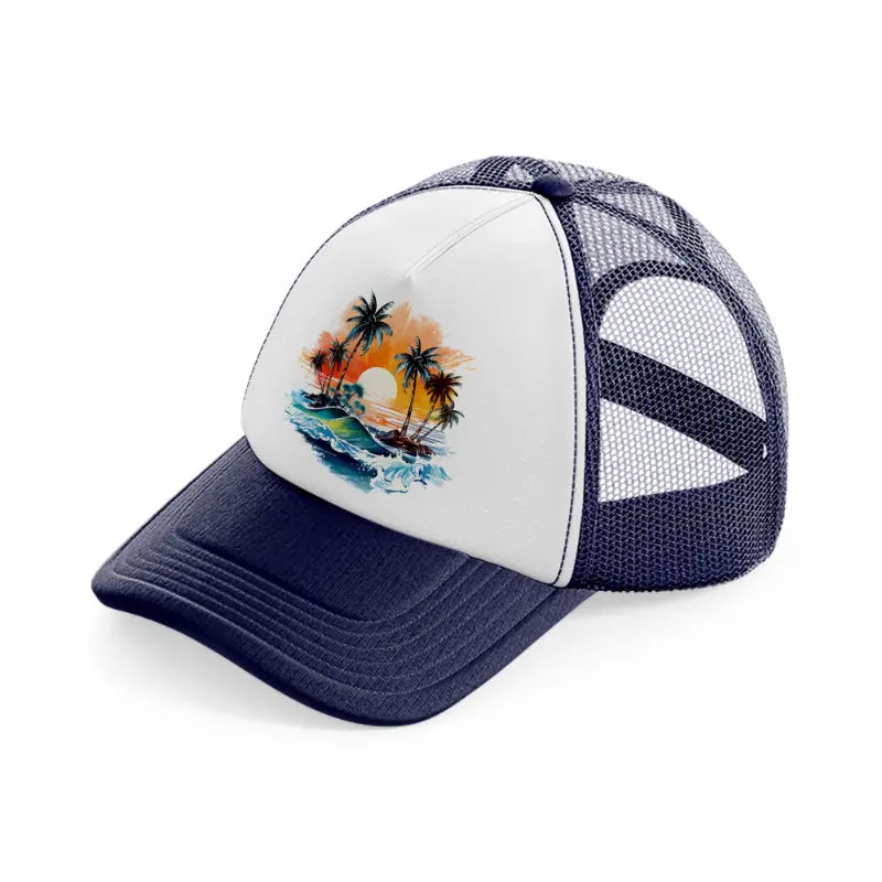 tropical waves navy blue and white trucker hat
