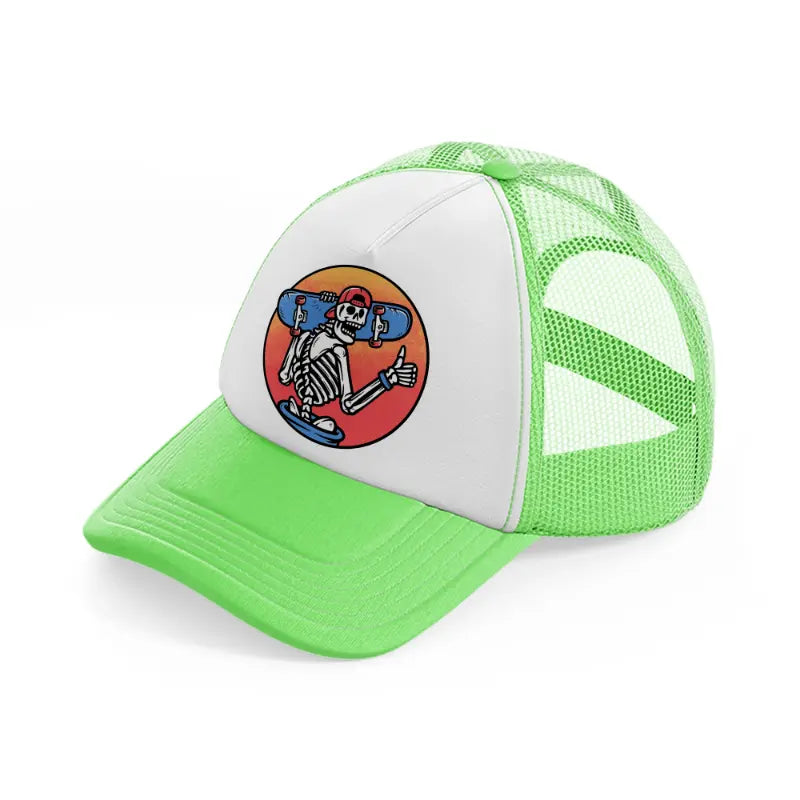 skull carrying a skateboard lime green trucker hat