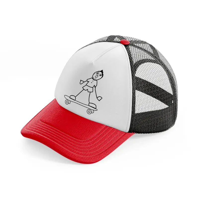 person riding skateboard red and black trucker hat