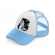 lady with gun sky blue trucker hat