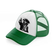 pirate finger pointing green and white trucker hat
