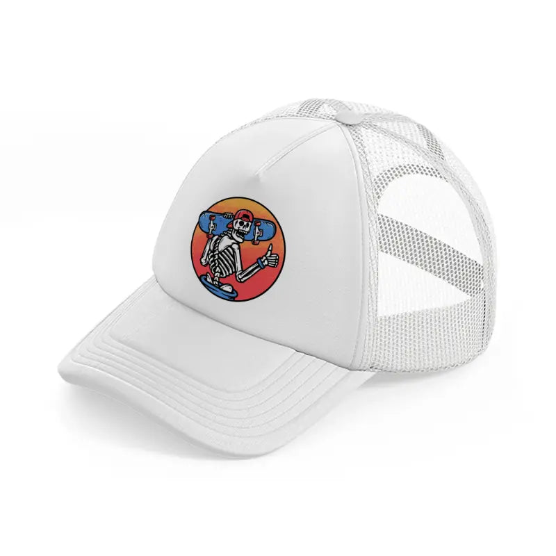 skull carrying a skateboard white trucker hat