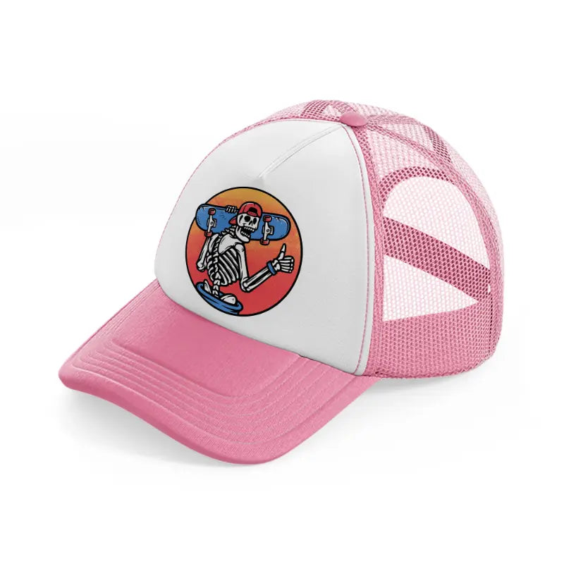 skull carrying a skateboard pink and white trucker hat