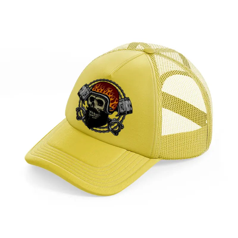 skull fire helmet gold trucker hat