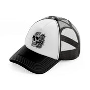 skull head flower black and white trucker hat