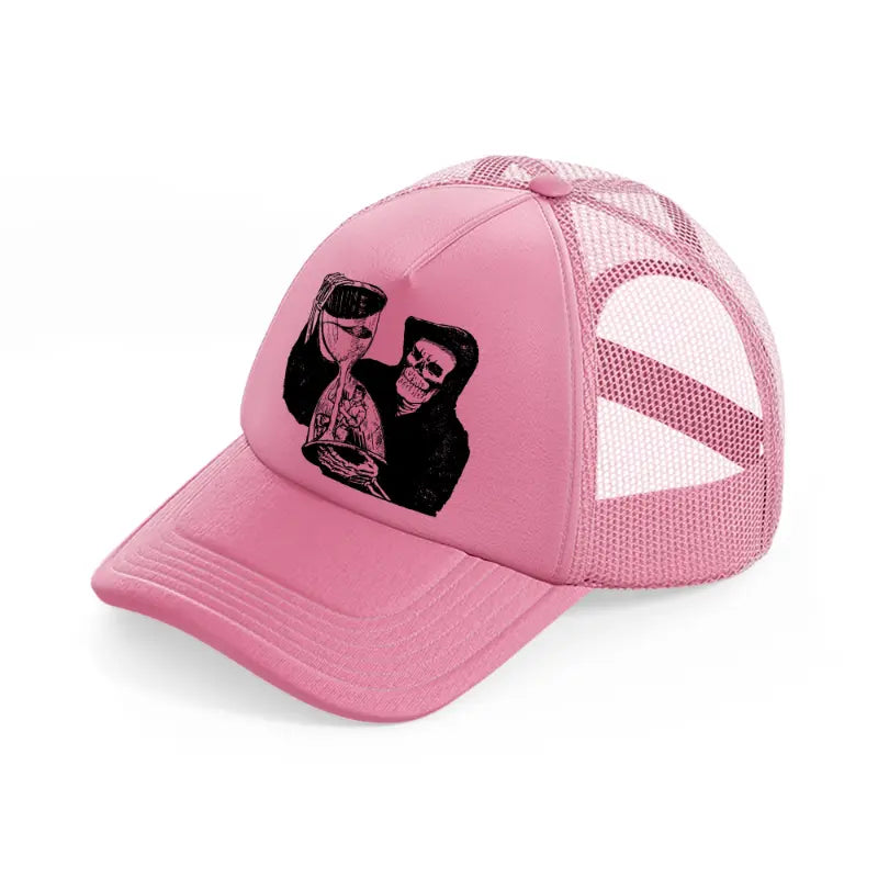 skull & hourglass pink trucker hat
