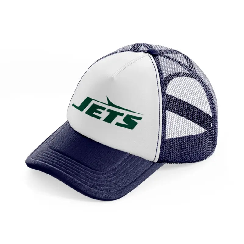 new york jets text navy blue and white trucker hat