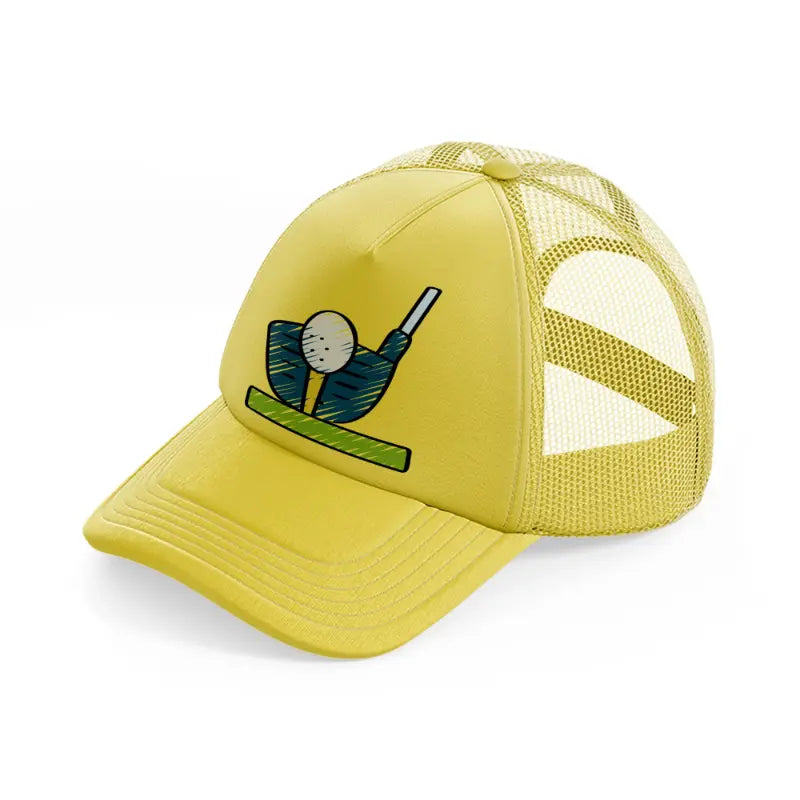 golf ball stick gold trucker hat