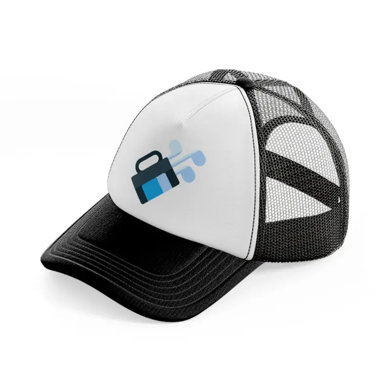 golf bag blue black and white trucker hat