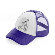 person riding skateboard purple trucker hat