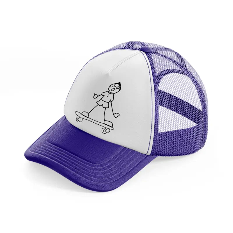 person riding skateboard purple trucker hat