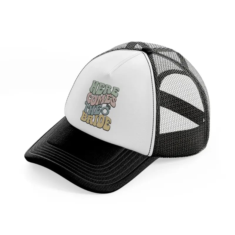 01 here comes black and white trucker hat