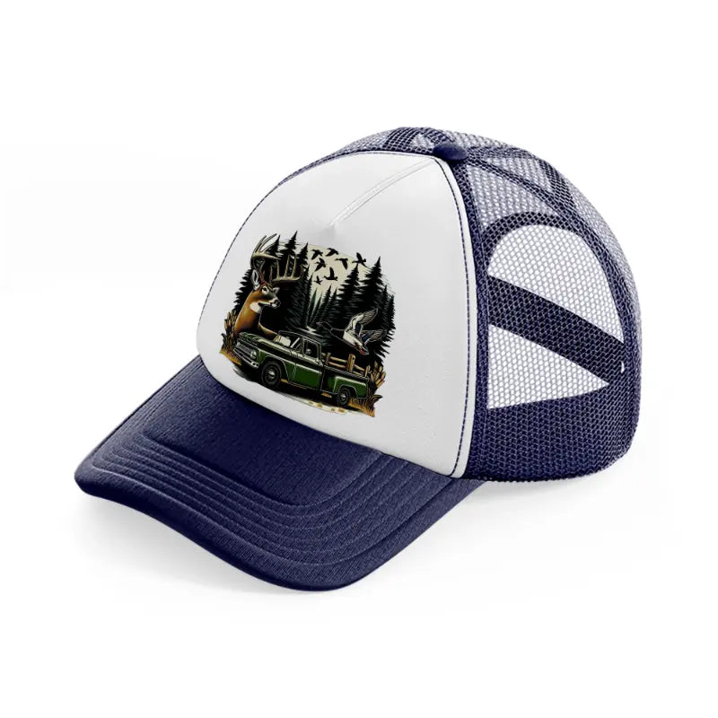 deer car wild navy blue and white trucker hat