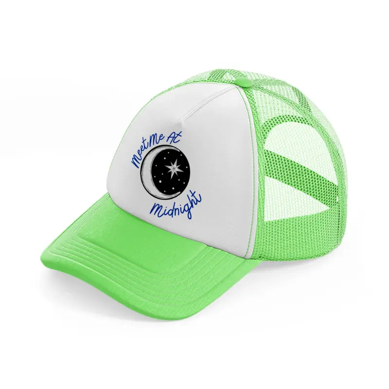 meet me at midnight blue lime green trucker hat