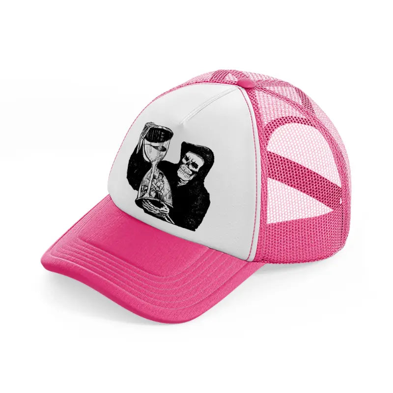 skull & hourglass neon pink trucker hat