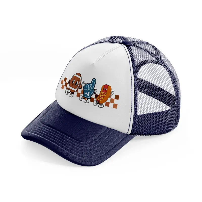 football characters navy blue and white trucker hat