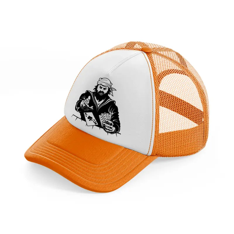 pirate cards orange trucker hat