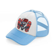 skull is holding a skateboard sky blue trucker hat