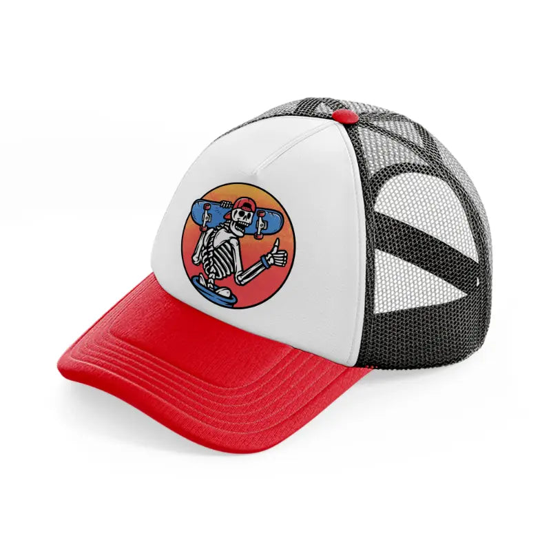 skull carrying a skateboard red and black trucker hat