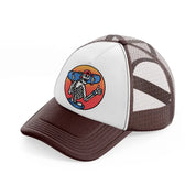 skull carrying a skateboard brown trucker hat
