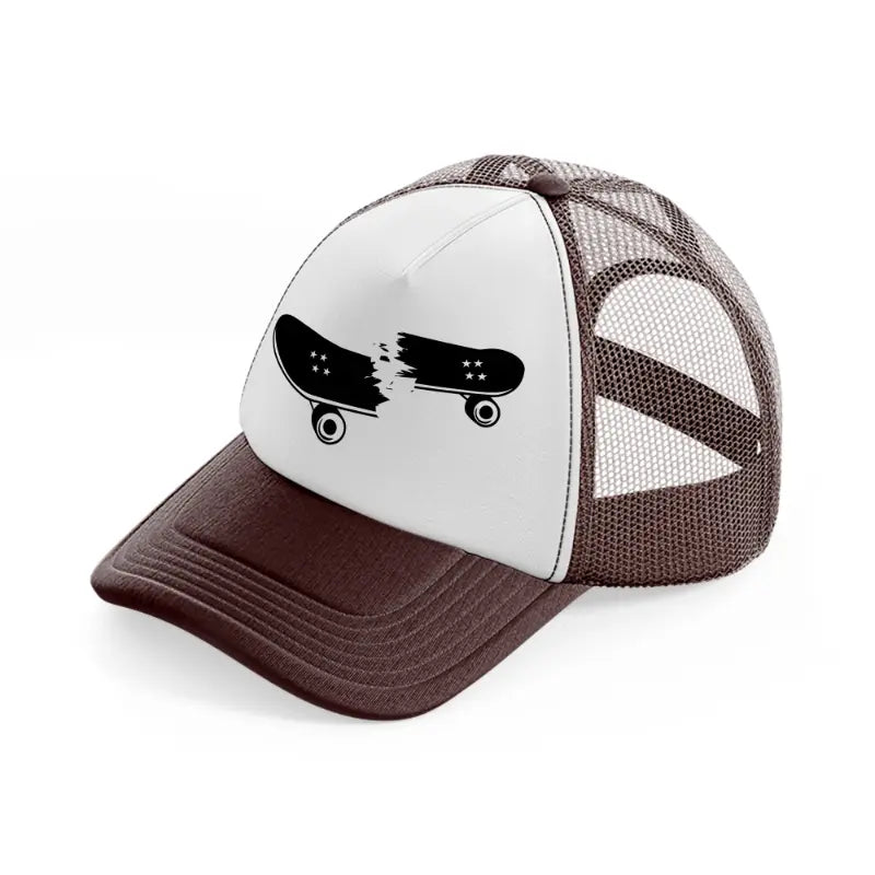 broken skateboard brown trucker hat