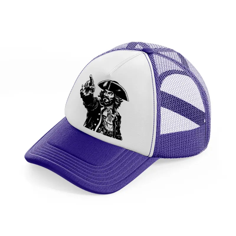 pirate finger pointing purple trucker hat