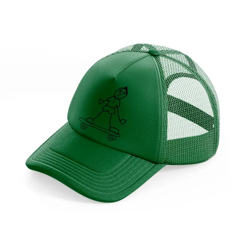 person riding skateboard green trucker hat