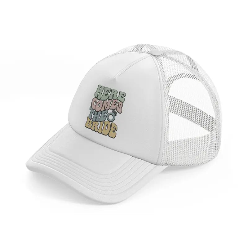 01 here comes white trucker hat