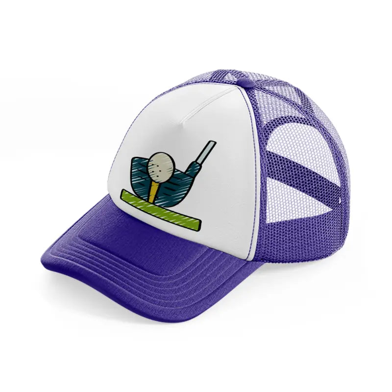 golf ball stick purple trucker hat