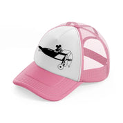 micky on plane pink and white trucker hat
