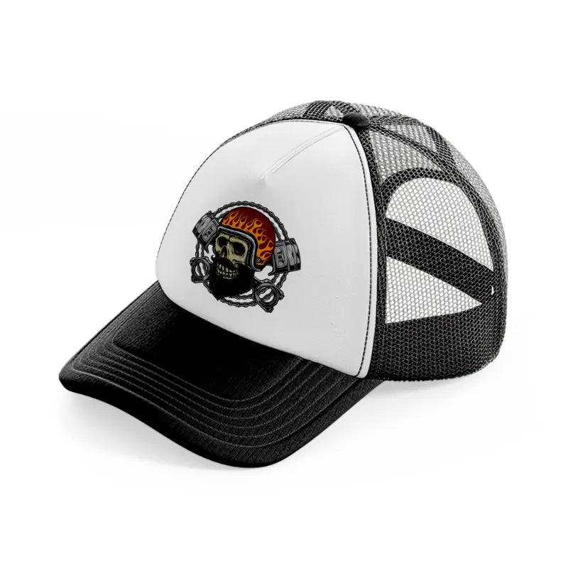 skull fire helmet black and white trucker hat