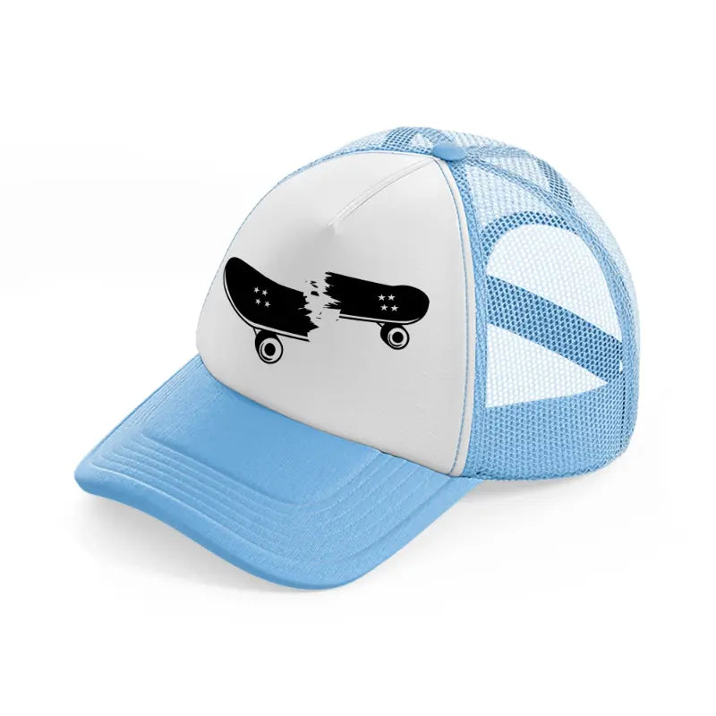broken skateboard sky blue trucker hat