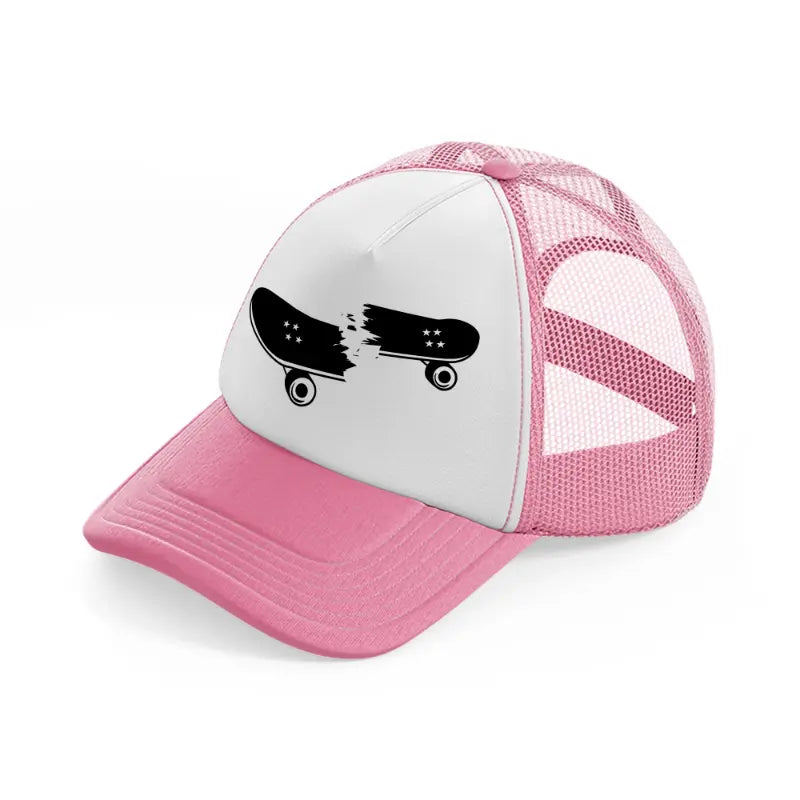 broken skateboard pink and white trucker hat
