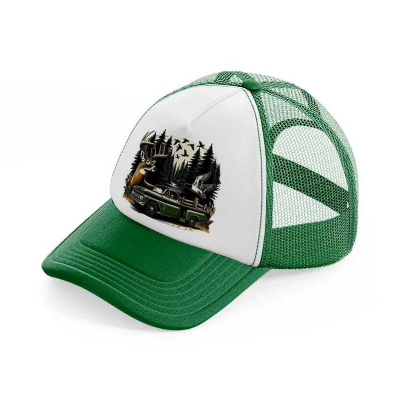 deer car wild green and white trucker hat