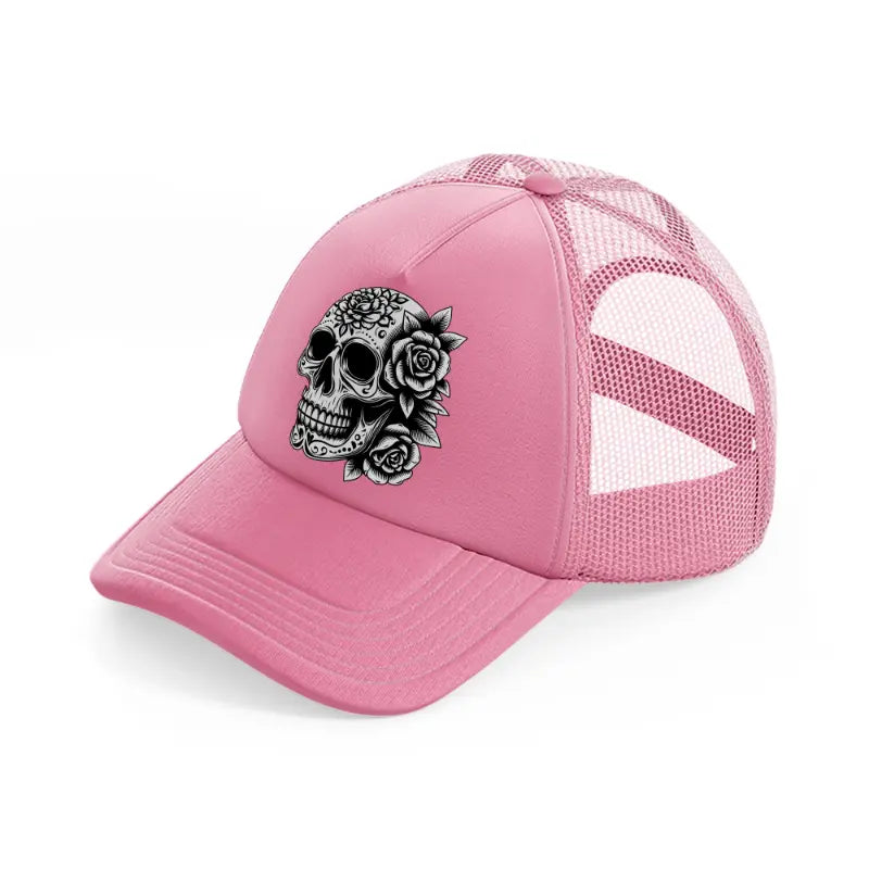 skull head flower pink trucker hat