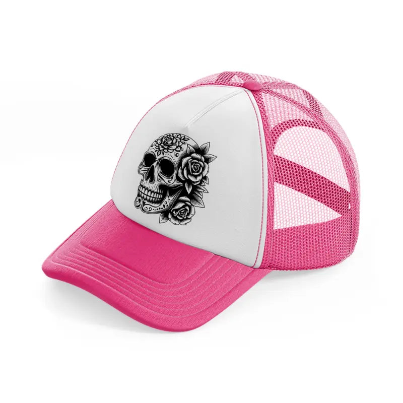 skull head flower neon pink trucker hat